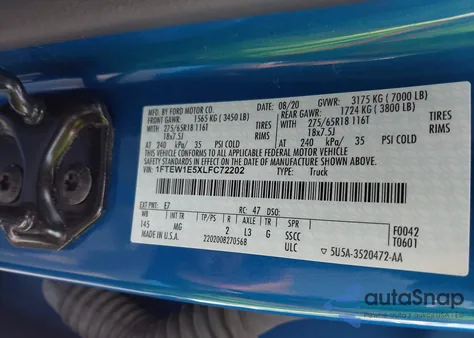 2020 Ford F-150 Xlt from USA, damaged, VIN 1FTEW1E5XLFC72202